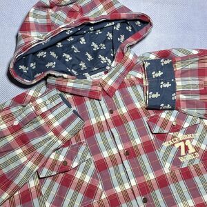 Disney Parks Red Flannel Mickey Mouse Hooded Button Up L/S Shirt 2XL‎ FLAWS